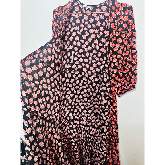 GANNI Red Black Floral Wrap Puff Sleeves V-Neckline Midi Dress size 36 - Picture 10 of 16